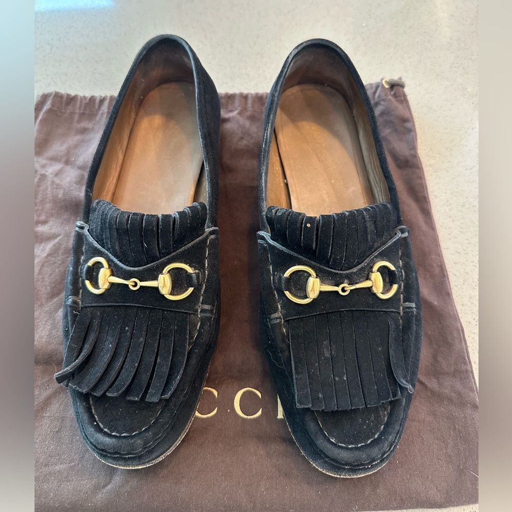 GUCCI Women's Horsebit Fringe Suede Black Loafers EU 37 - Picture 2 of 9